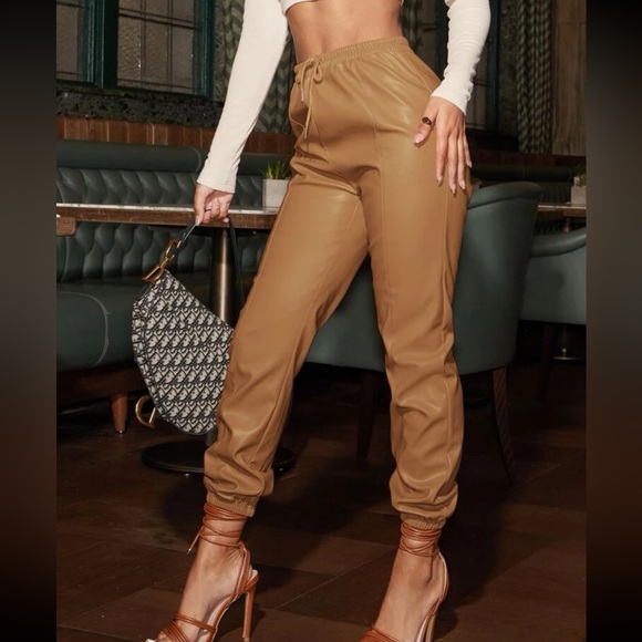 Tan / brown faux leather pants elastic ankle joggers - with elastic waistband - Picture 4 of 9